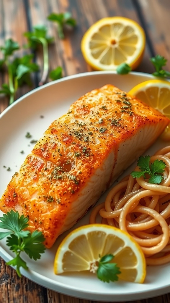Crispy Skin Salmon Recipe Crispy skin salmon fillet garnished with herbs and lemon on a rustic wooden table.